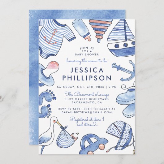 Invitation Bébé marin | Baby shower d'aquarelle bleue (Devant / Derrière)