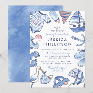 Invitation Bébé marin   Baby shower d'aquarelle bleue