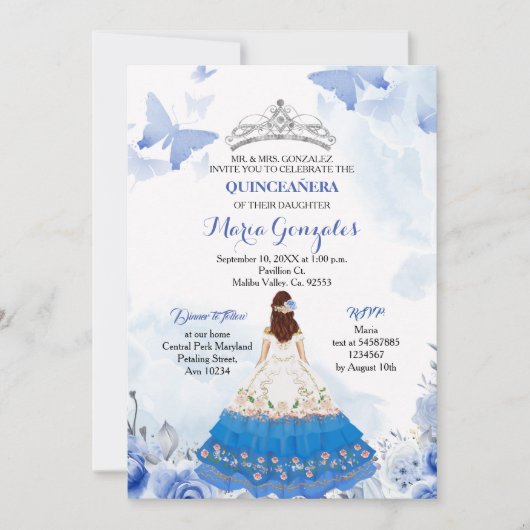 Invitation Bébé mexicain Bleu papillon Quinceanera Anniversai (Devant)
