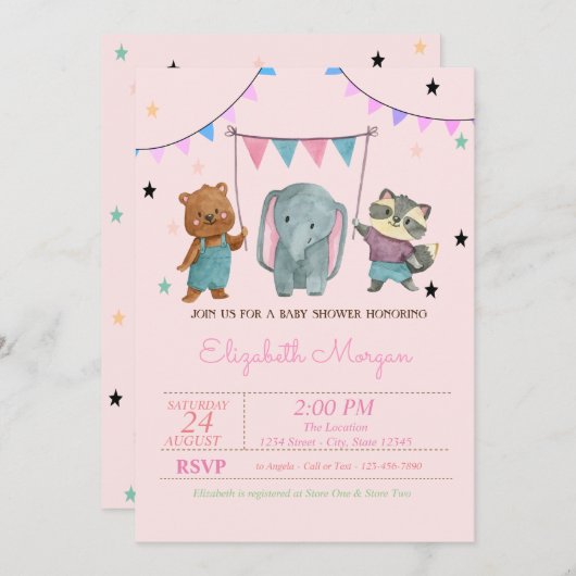 Invitation Bébé mignon animaux, Baby shower étoiles (Devant / Derrière)