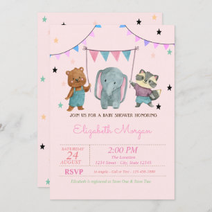 Invitation Bébé mignon animaux, Baby shower étoiles