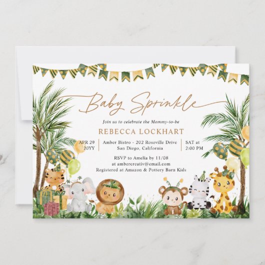 Invitation Bébé mignon Animaux Jungle Party Thème Bébé Sprink (Devant)