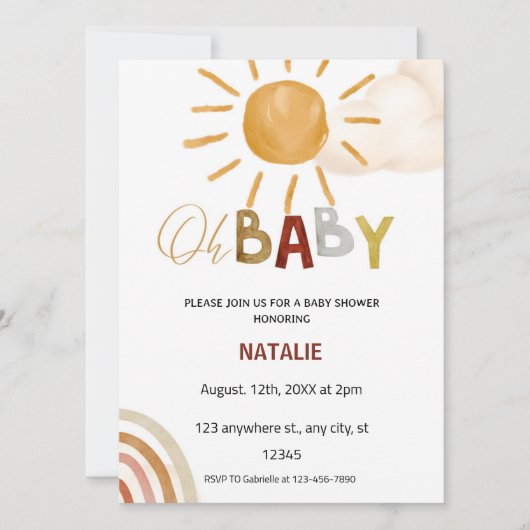 Invitation Bébé mignon Aquarelle Baby shower soleil (Devant)