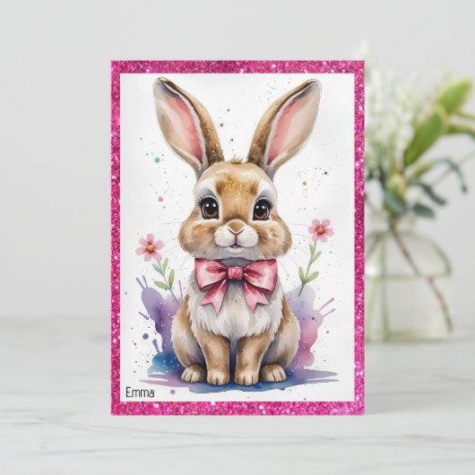 Invitation Bébé mignon avec arc rose anniversaire (Debout devant)