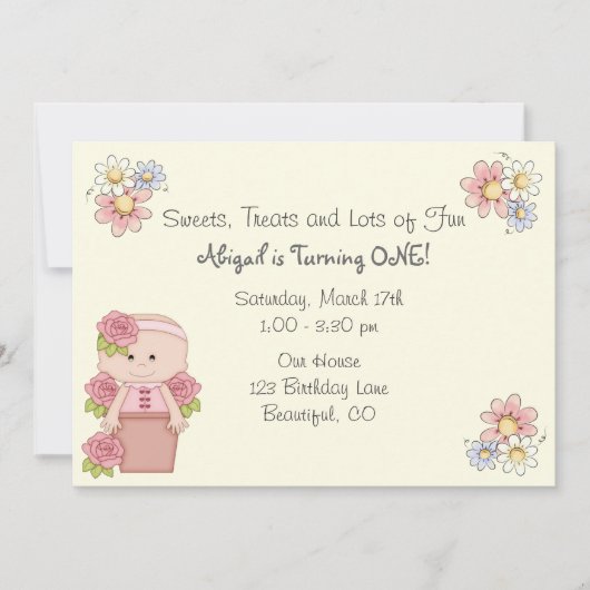 Invitation Bébé mignon avec Roses en Pot Fleur 1er Anniversai (Devant)