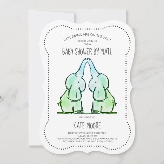 Invitation Bébé mignon Baby shower Twins Elephant par courrie (Devant)