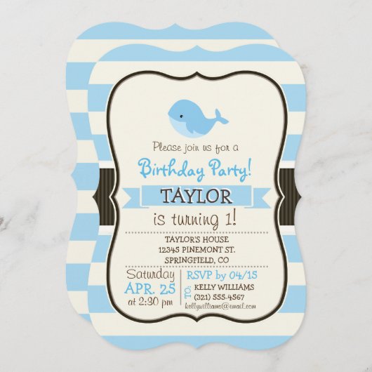 Invitation Bébé mignon Baleine Bleue; Bandes (Devant / Derrière)