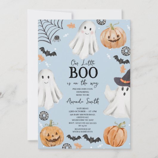 Invitation Bébé mignon Bleu Halloween Petit Baby shower Boo (Devant)