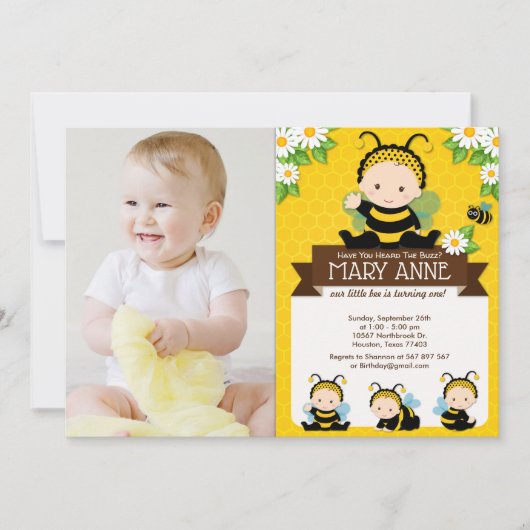 Invitation Bébé mignon Bumble Bee Honey Bee 1er Anniversaire  (Devant)