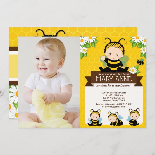 Invitation Bébé mignon Bumble Bee Honey Bee 1er Anniversaire  (Devant / Derrière)