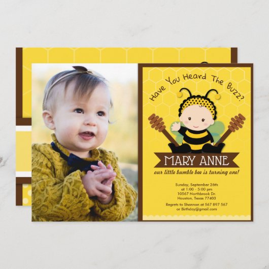 Invitation Bébé mignon Bumble Bee Honey Bee 1er Anniversaire  (Devant / Derrière)