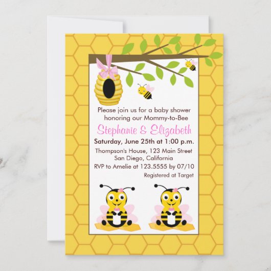 Invitation Bébé mignon Bumblebee Baby shower Twin Gir (Devant)