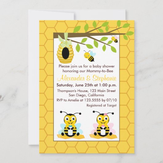 Invitation Bébé mignon Bumblebee Twin Girls Baby shower garço (Devant)