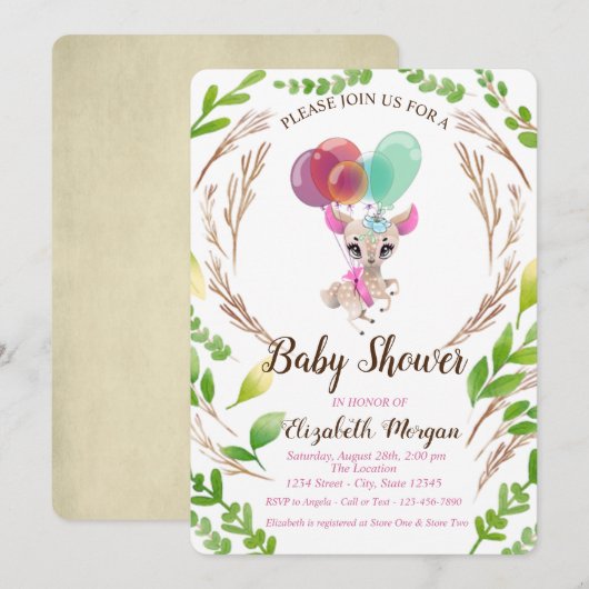 Invitation Bébé mignon cher, ballons, feuilles (Devant / Derrière)