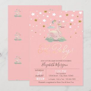 Invitation Bébé mignon Couronne cygne étoiles Baby shower ros