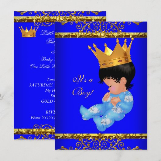 Invitation Bébé mignon couronne prince bleu or garçon 4 (Devant / Derrière)