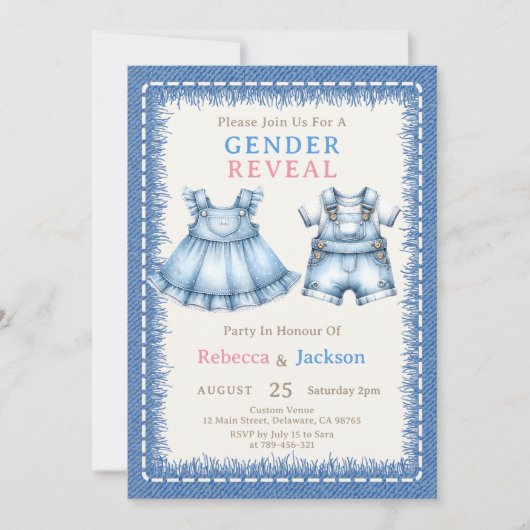 Invitation Bébé mignon Denim Robe & Dungarees Genre Révélatio (Devant)
