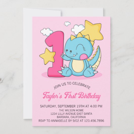 Invitation Bébé mignon Dinosaur 1er Anniversaire Fête Invitat (Devant)