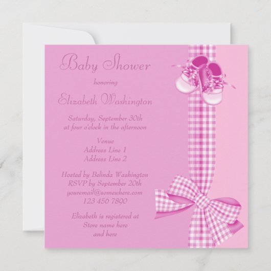 Invitation Bébé mignon Douche Douche rose Chaussures et ruban (Dos)