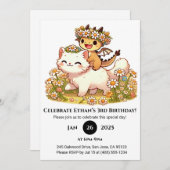 Invitation Bébé mignon Dragon équitation Chat blanc Anniversa (Devant / Derrière)