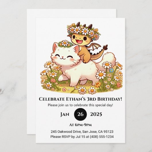 Invitation Bébé mignon Dragon équitation Chat blanc Anniversa (Devant / Derrière)