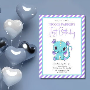 Invitation Bébé mignon Dragon Purple Stripes 1er anniversaire