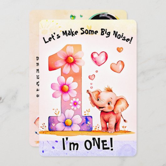 Invitation Bébé mignon Eléphant 1er anniversaire Coeurs flora (Devant / Derrière)