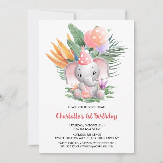 Invitation Bébé mignon éléphant 1er anniversaire fête (Devant)