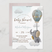 Invitation Bébé mignon Eléphant Baby shower à rayures de ball (Devant / Derrière)