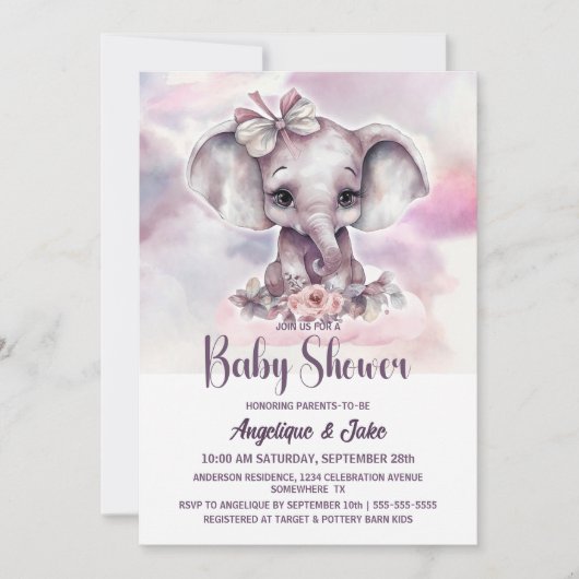 Invitation Bébé mignon Eléphant Baby shower fille (Devant)