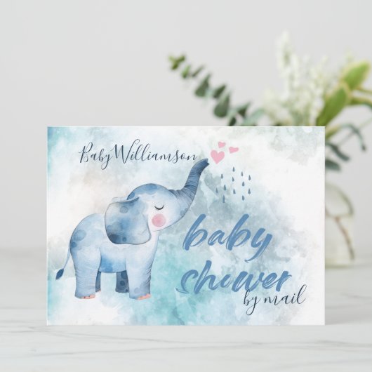 Invitation Bébé mignon Eléphant Bleu Aquarelle Douche Par Cou (Debout devant)