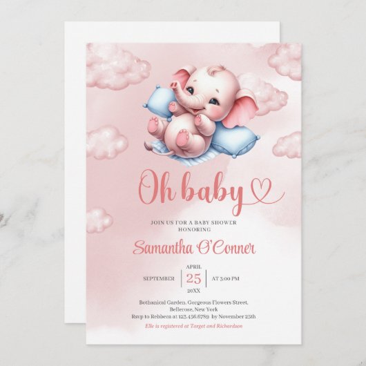 Invitation Bébé mignon éléphant dans bébé rose et bleu (Devant / Derrière)