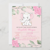 Invitation Bébé mignon éléphant, Feuille, Baby shower floral (Devant)