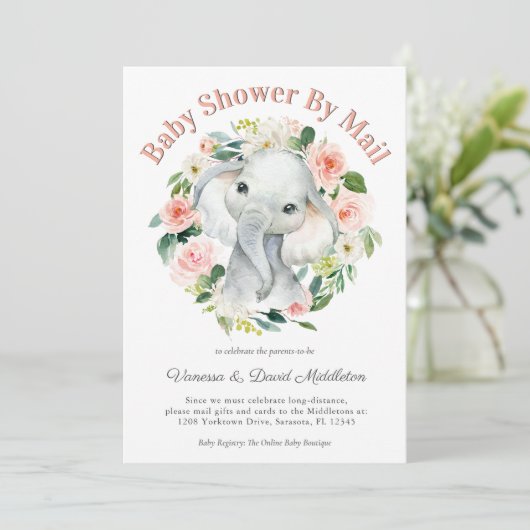 Invitation Bébé mignon Eléphant fille Baby shower par courrie (Debout devant)