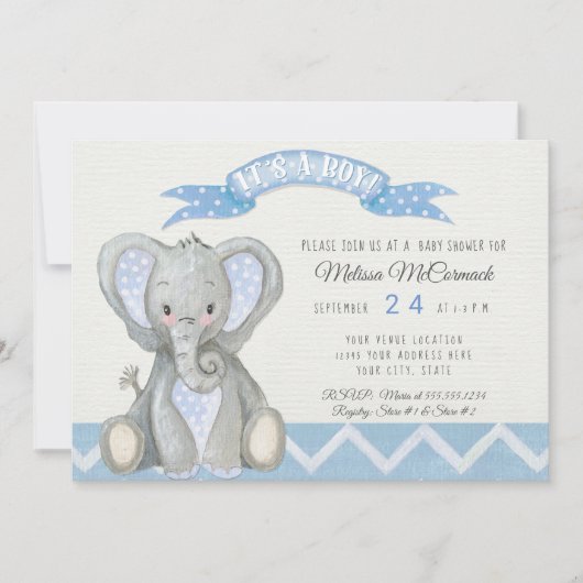 Invitation Bébé mignon Eléphant Garçon Douche Chevron Bleu Bl (Devant)