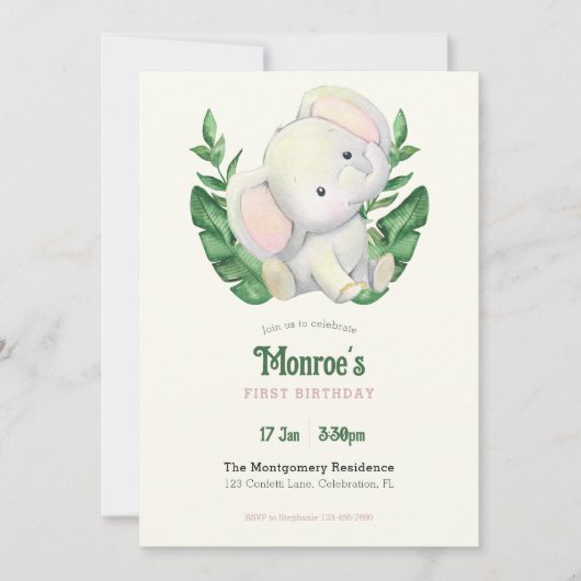 Invitation Bébé mignon éléphant Jungle fête d'anniversaire (Devant)