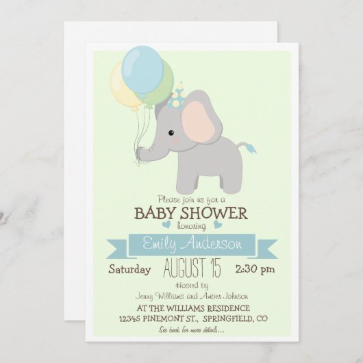 Invitation Bébé mignon éléphant, Jungle Zoo Baby shower garço (Devant / Derrière)