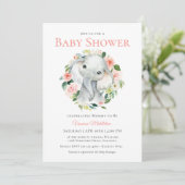 Invitation Bébé mignon Eléphant rose Baby shower floral (Debout devant)