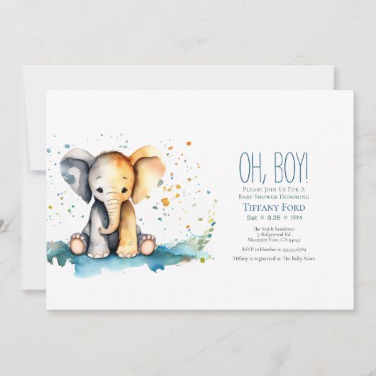 Invitation Bébé mignon éléphant Safari-Theme Baby shower garç (Devant)