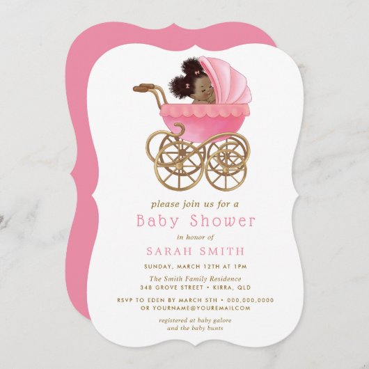 Invitation Bébé mignon en poussette Pram Baby shower rose (Devant / Derrière)