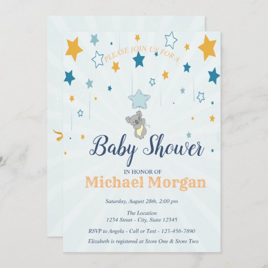 Invitation Bébé mignon, Étoiles (Devant / Derrière)