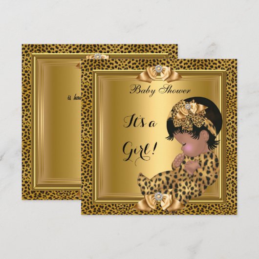 Invitation Bébé Mignon Fête de Naissance Bébé Fille Léopard O (Devant / Derrière)