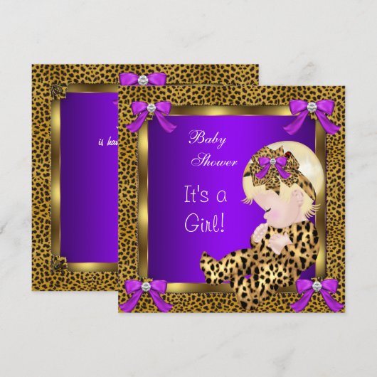 Invitation Bébé Mignon Fête de Naissance Bébé Fille Léopard V (Devant / Derrière)