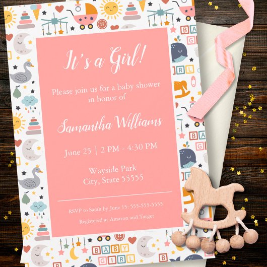 Invitation Bébé mignon fille Motif rose Baby shower