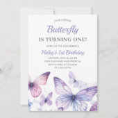 Invitation Bébé mignon fille papillon pourpre enfants 1er ann (Devant)