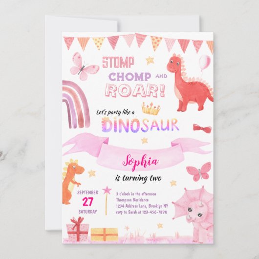 Invitation Bébé mignon fille rose Dino Dinosaur Anniversaire  (Devant)