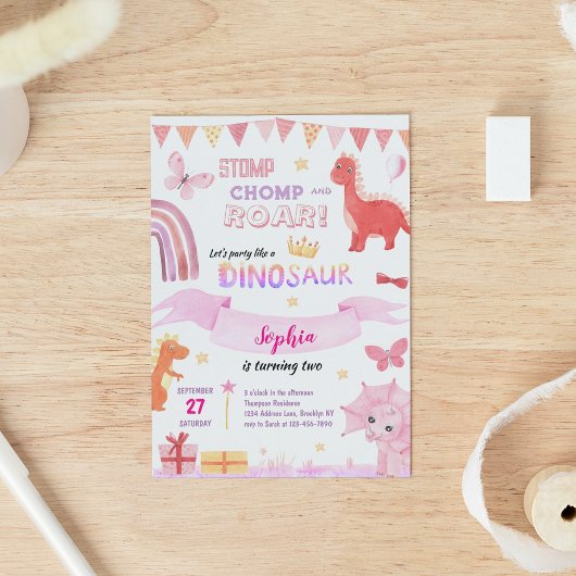 Invitation Bébé mignon fille rose Dino Dinosaur Anniversaire 