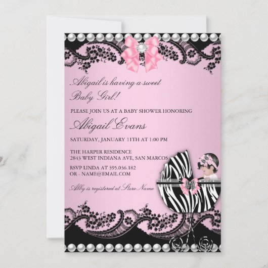Invitation Bébé mignon fille Zebra dentelle et Baby shower de (Devant)