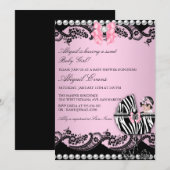 Invitation Bébé mignon fille Zebra dentelle et Baby shower de (Devant / Derrière)