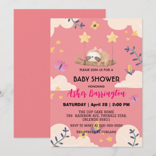 Invitation Bébé mignon fleur de papillon paresse baby shower (Devant / Derrière)